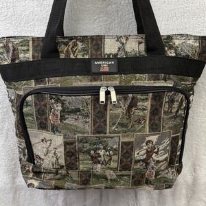 American Uni Tote Bag Womens Large Green Golf Jacquard Zip Top Shoulder Tapestry